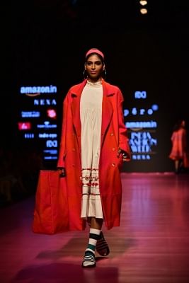 New Delhi: A model showcase creations of fashion designer Pero during Amazon India Fashion Week in New Delhi, on March 17, 2018. (Photo: Amlan Paliwal/IANS)