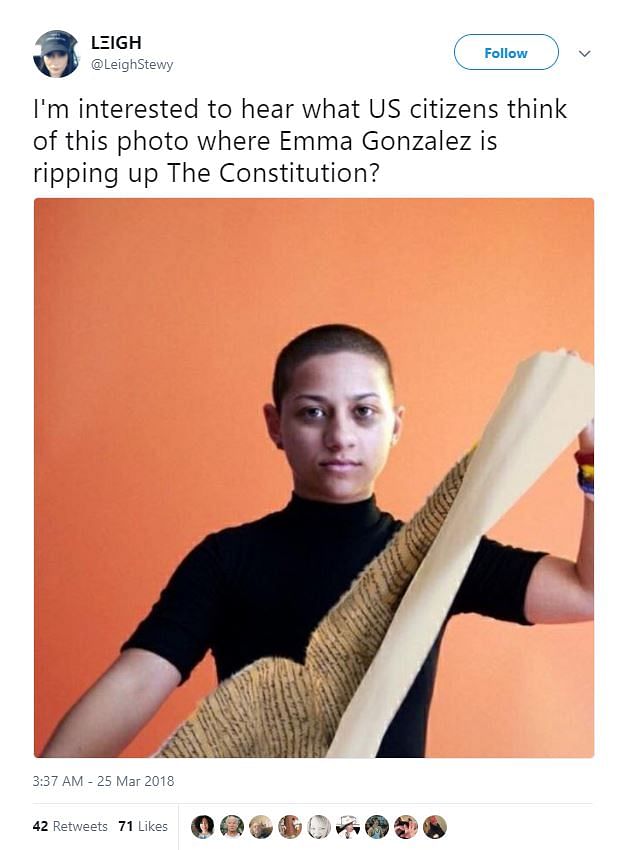 The real image of Emma Gonzalez, survivor of the Parkland mass shooting, shows her tearing a shooting target poster.