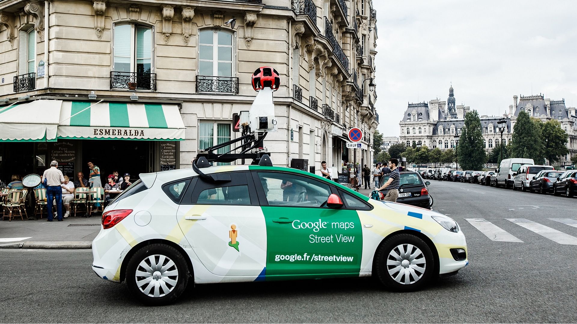 A Google Street View car on the streets of Paris. It uses a camera rig comprising of 9 directional cameras for a 360 degree view of the world around it.&nbsp;