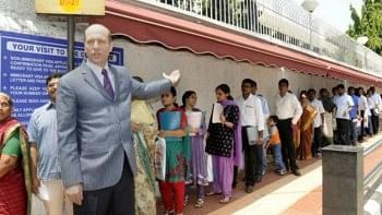 Indian students in line for visas to the US.&nbsp;