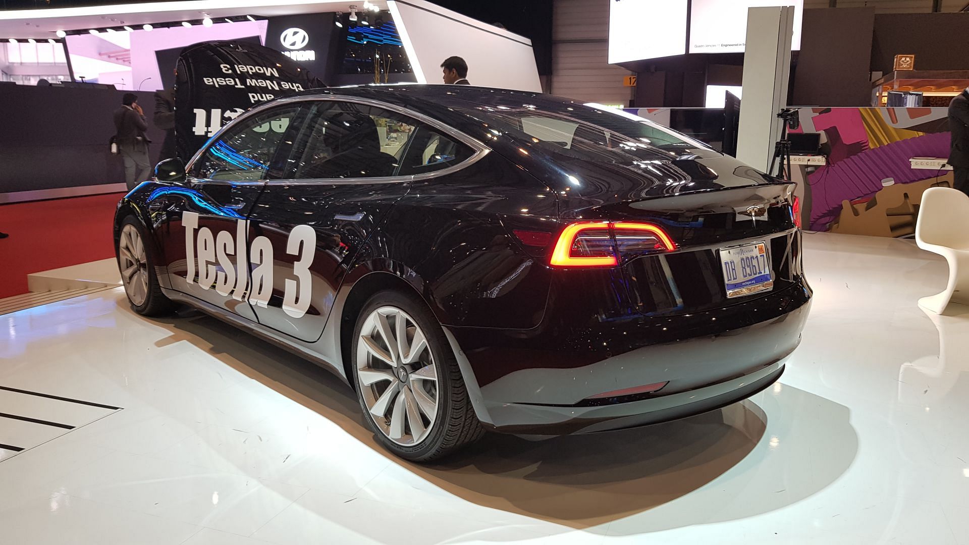 The Tesla Model 3 on display at the Geneva Motor Show 2018