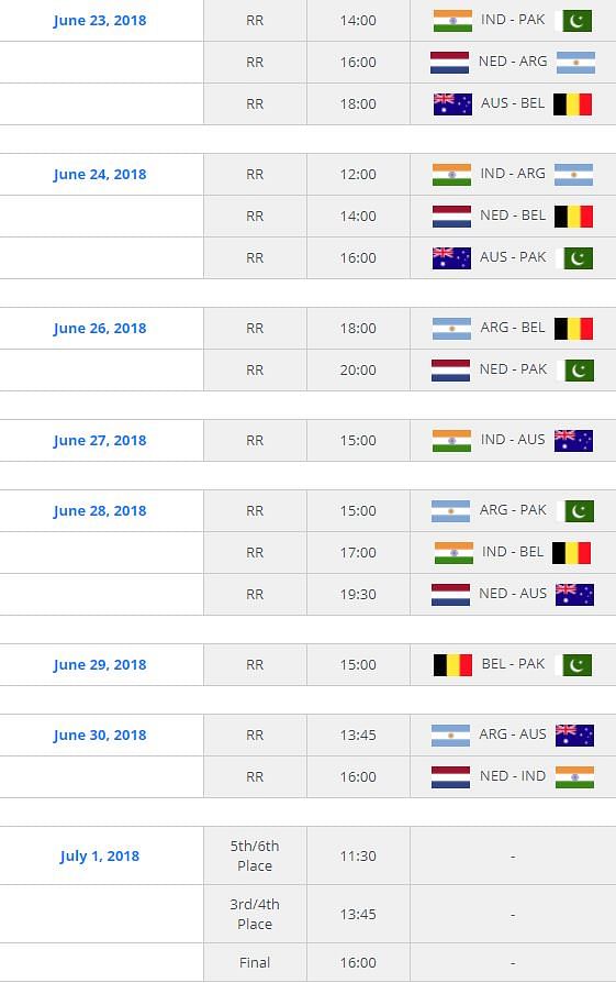 India will also play Argentina on 24 June followed by games against Australia on 27 June and Belgium on 28 June.