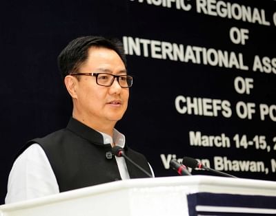 New Delhi: Union MoS Home Affairs Kiren Rijiju addresses at the valedictory session of the Asia-Pacific Regional Conference, in New Delhi on March 15, 2018. (Photo: IANS/PIB)
