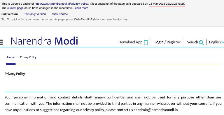 After NaMo App Exposé, PM’s Website Quietly Changes Privacy Policy
