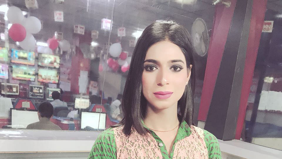 Pakistan’s first trans women news anchor, Marvia Malik, at the Kohenoor television studio in Lahore, Pakistan.