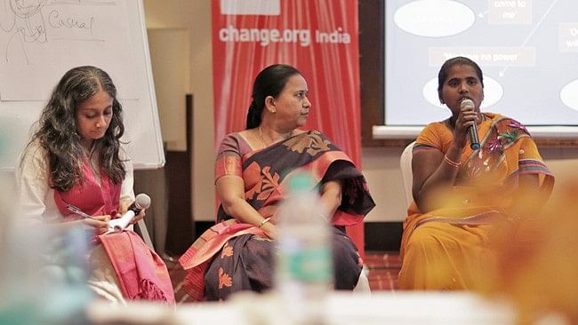 Rama Devi (right) speaks at a workshop on commercial sexual exploitation of children.