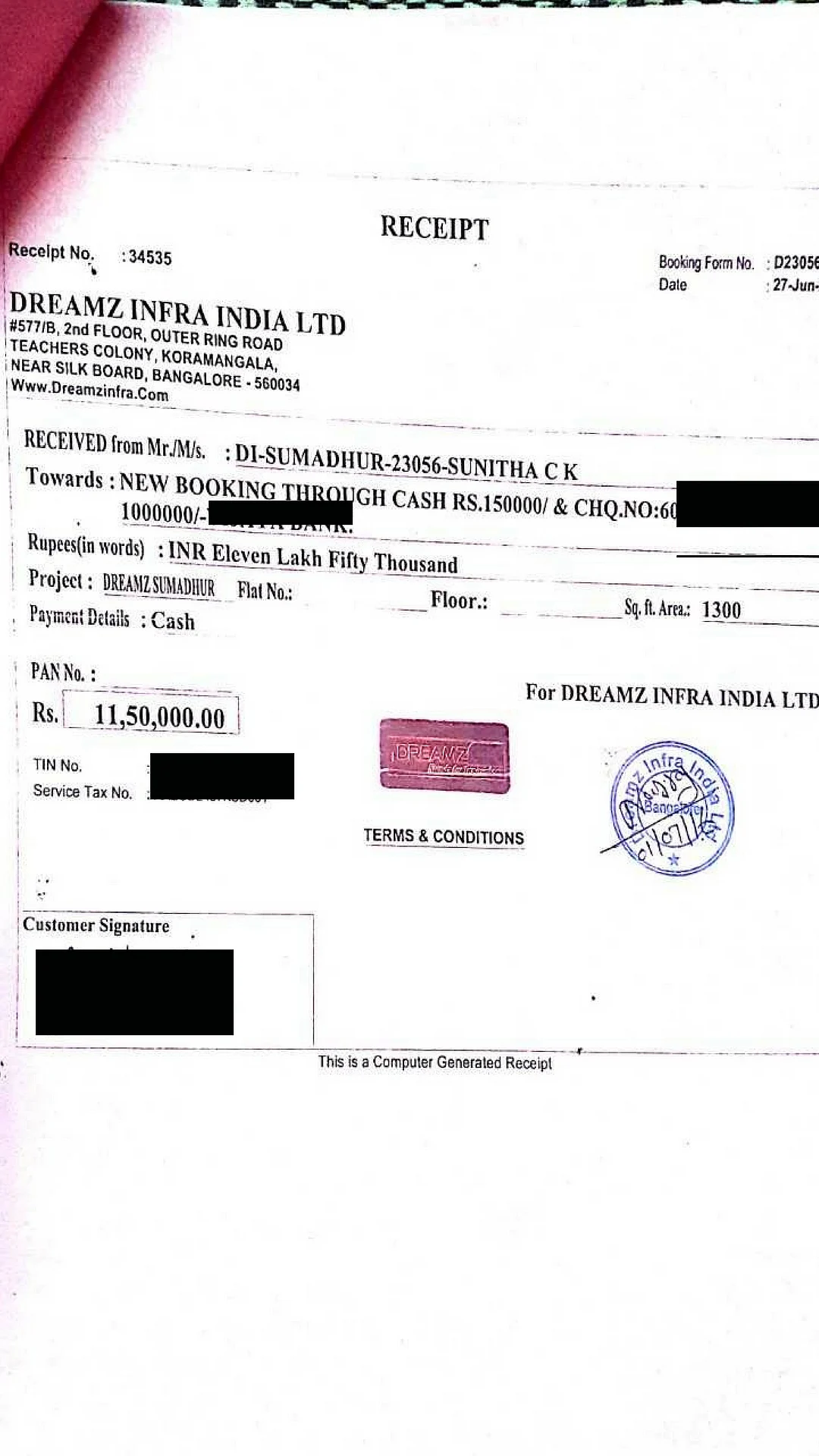 A receipt given to Sunitha. 