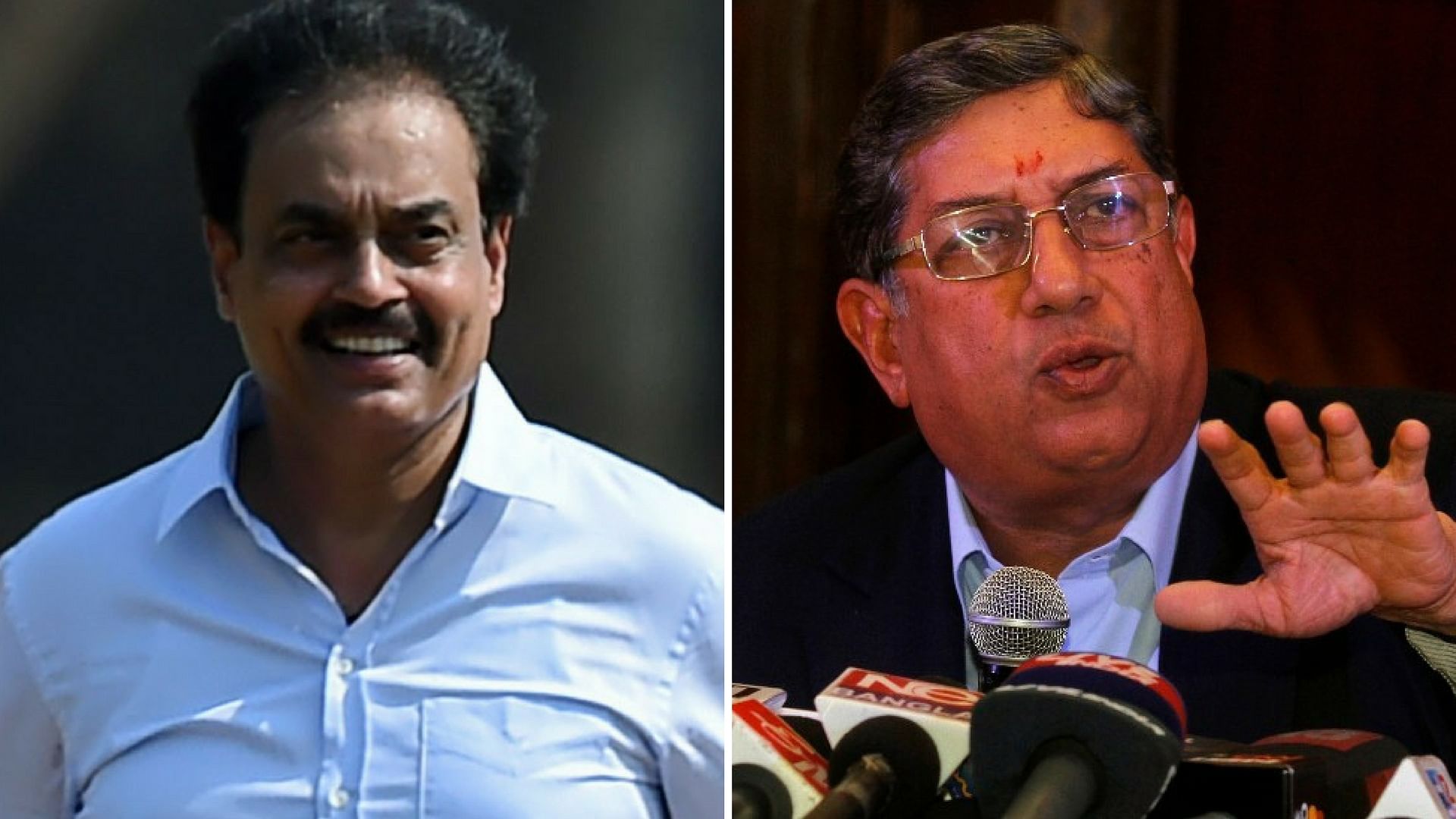 Former BCCI president N Srinivasan (right) rejected Dilip Vengsarkar’s (left) claims that he was responsible for the ex-India captain’s removal as chairman of selectors.