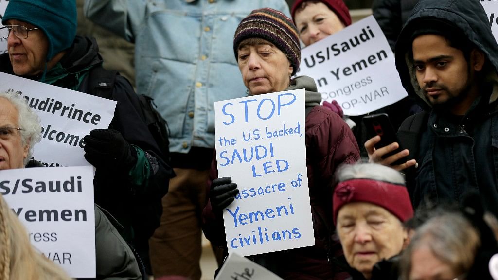 A small group of people protesting the visit of Crown Prince Mohammed bin Salman to the United States stand on the steps of City Hall in New York, Tuesday, 20 March 2018. Image used for representation.&nbsp;