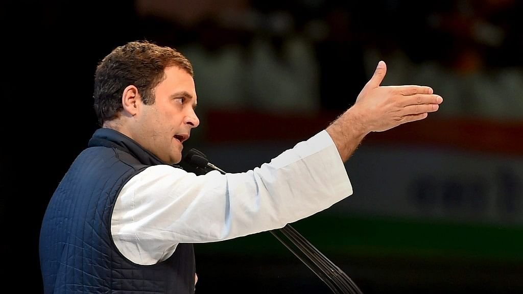 Congress president Rahul Gandhi speaks during the second day of the 84th Plenary Session of Indian National Congress (INC), at the Indira Gandhi stadium in New Delhi on Sunday, 18 March.