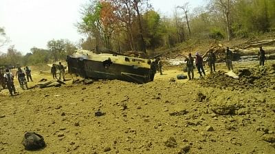 Sukma: A view of the 212 CRPF Battalion anti-landmine vehicle that was blown up by Maoists in Sukma district of Chhattisgarh on March 13, 2018. At least nine CRPF personnel were killed and two injured in the incident. (Photo: IANS)