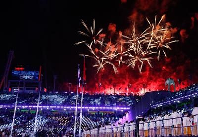 PYEONGCHANG, March 18, 2018 (Xinhua) -- The fireworks are seen at the closing ceremony of the 2018 PyeongChang Winter Paralympic Games at PyeongChang Olympic Stadium, South Korea, March 18, 2018.(Xinhua/Wang Jingqiang/IANS)