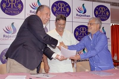 RR chairman and RCA president Dr. CP Joshi signing agreement in presence of sports minister Khimsar