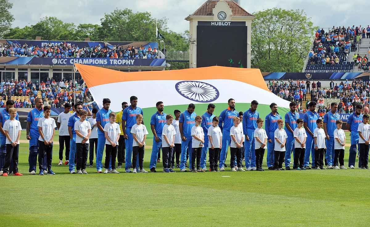 The Indian team sings the national anthem before a Champions Trophy last year.