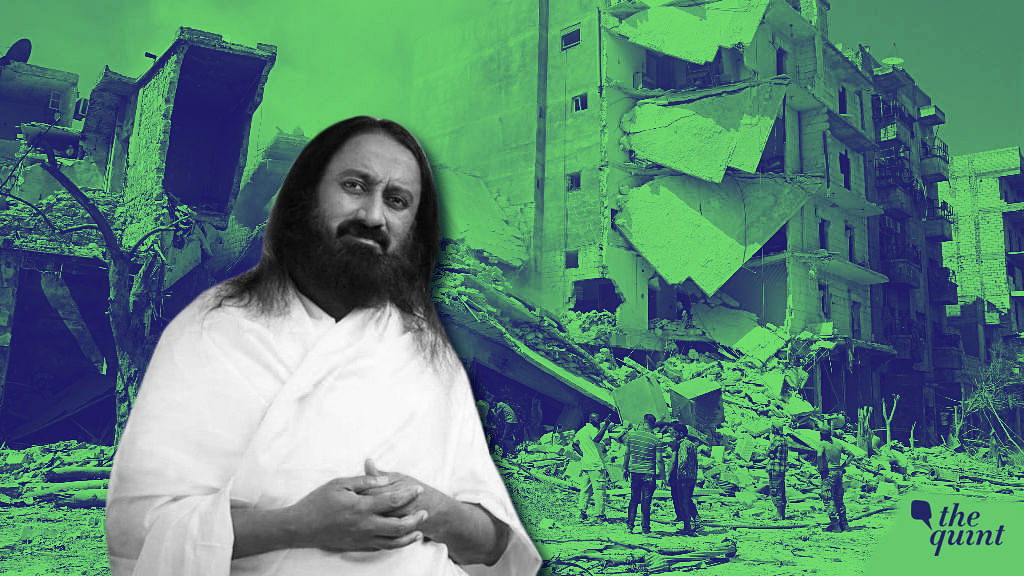 (Altered) Image of Sri Sri Ravi Shankar juxtaposed against a backdrop of war-ridden Aleppo, Syria. Image used for representational purposes.