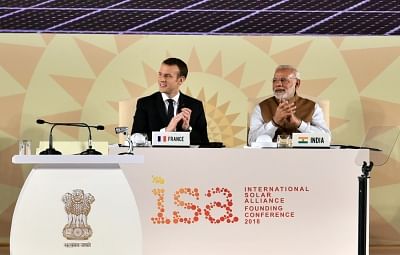 New Delhi: Prime Minister Narendra Modi and French President Emmanuel Macron at the ÃƒÂ¢Ã‚Â€Ã‚Â‹Founding Conference ofÃƒÂ¢Ã‚Â€Ã‚Â‹ ÃƒÂ¢Ã‚Â€Ã‚Â‹ÃƒÂ¢Ã‚Â€Ã‚Â‹International Solar Alliance (ISA) at Rashtrapati Bhavan in New Delhi on March 11, 2018. (Photo: IANS/PIB)
