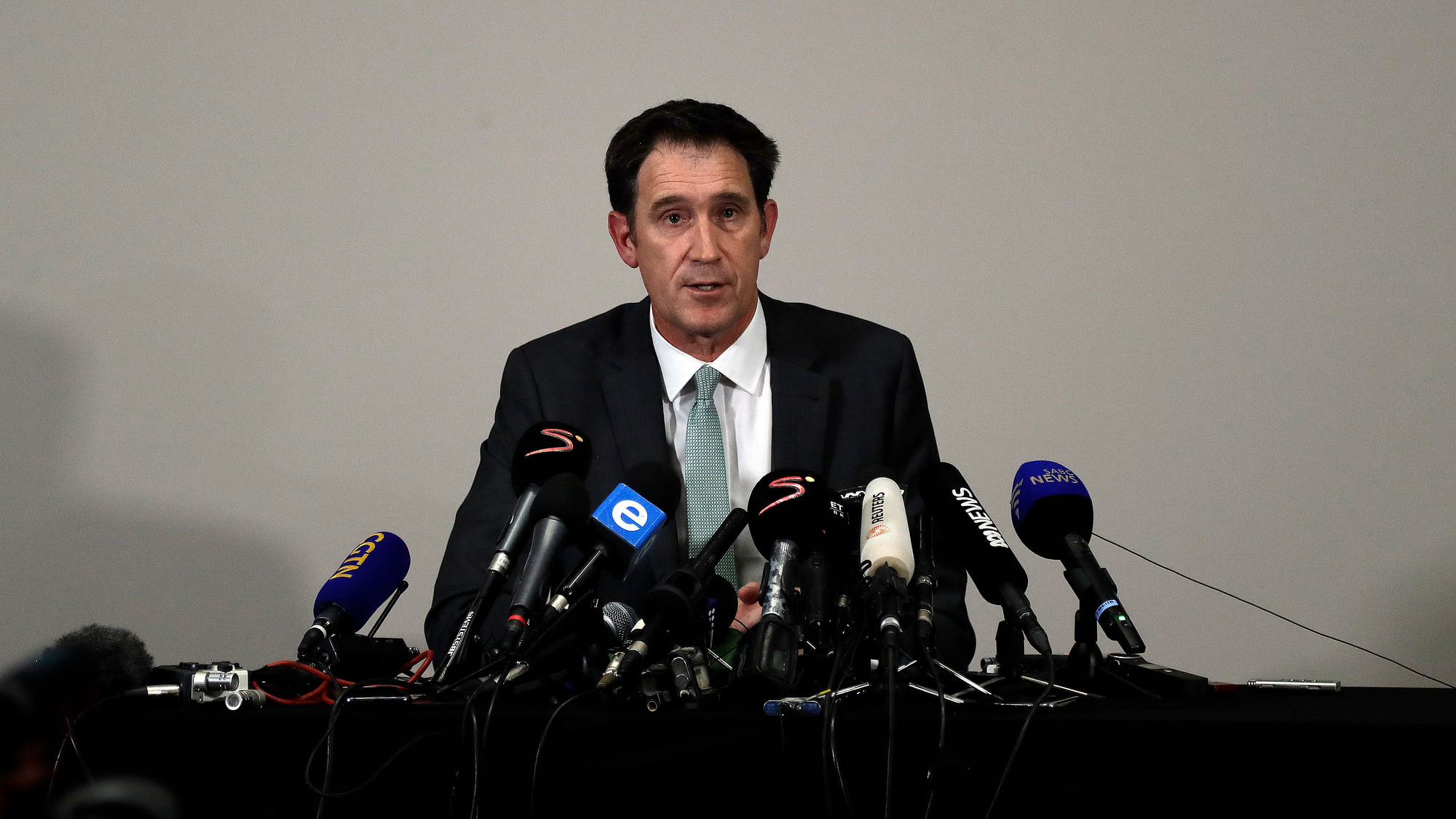 James Sutherland, chief executive of Cricket Australia, speaks during a media conference in Johannesburg, South Africa, Tuesday, March 27, 2018. Australia cricket captain Steve Smith, vice-captain David Warner and batsman Cameron Bancroft have all been sent home from the tour of South Africa for their role in a cheating plot and face “significant sanctions” in the next 24 hours, James Sutherland announced Tuesday.&nbsp;