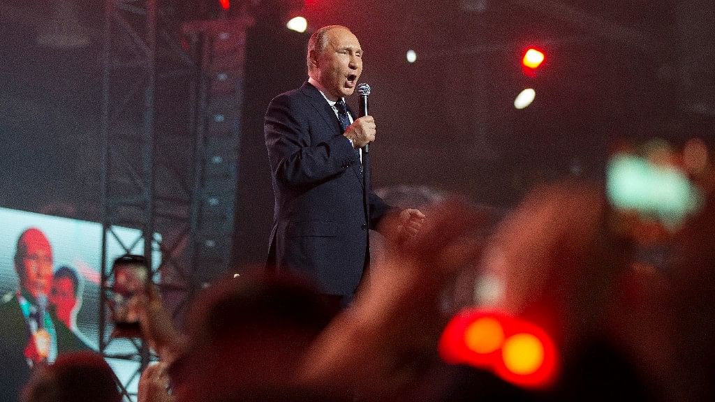 Russian President Vladimir Putin speaks at a youth forum “Russia, Land of Opportunity” in Moscow.