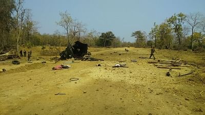 Sukma: The site where Maoists blew up an anti-landmine vehicle of the 212 CRPF Battalion in Sukma district of Chhattisgarh on March 13, 2018. At least nine CRPF personnel were killed and two injured in the incident. (Photo: IANS)