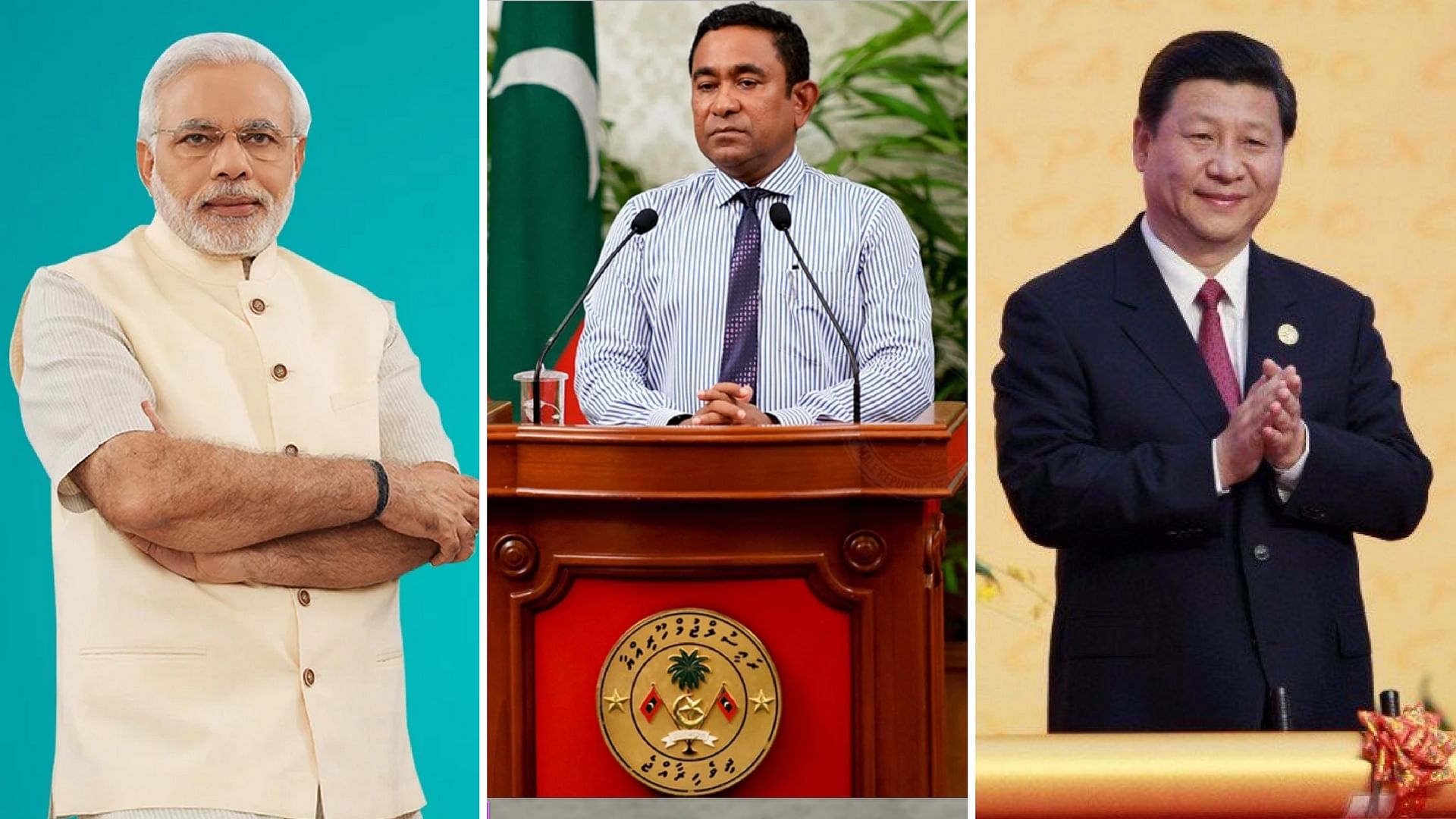 PM Narendra Modi(left), Maldivian President Abdulla Yameen(center) and Chinese President Xi Jinping(right)