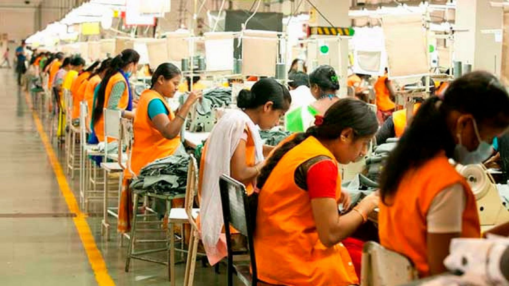Female garment workers at an assembly line at a factory in Bengaluru.