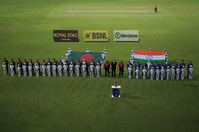 Colombo: Players stand for the national anthem ahead of the fifth match of 2018 Nidahas Twenty20 Tri-Series between India and Bangladesh at R.Premadasa Stadium in Colombo, Sri Lanka on March 14, 2018. (Photo: Surjeet Yadav/IANS)