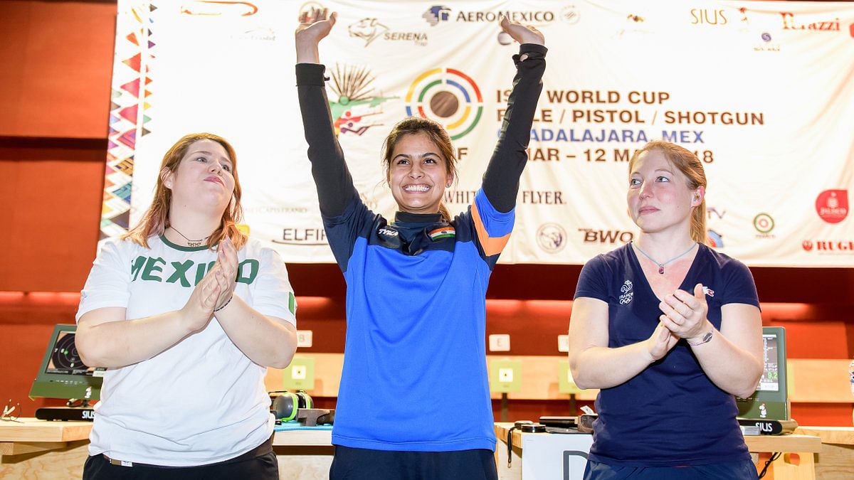  Sixteen-year-old Manu Bhaker (centre) has recently earned a quota place for the Beunos Aires 2018 Youth Olympic Games.