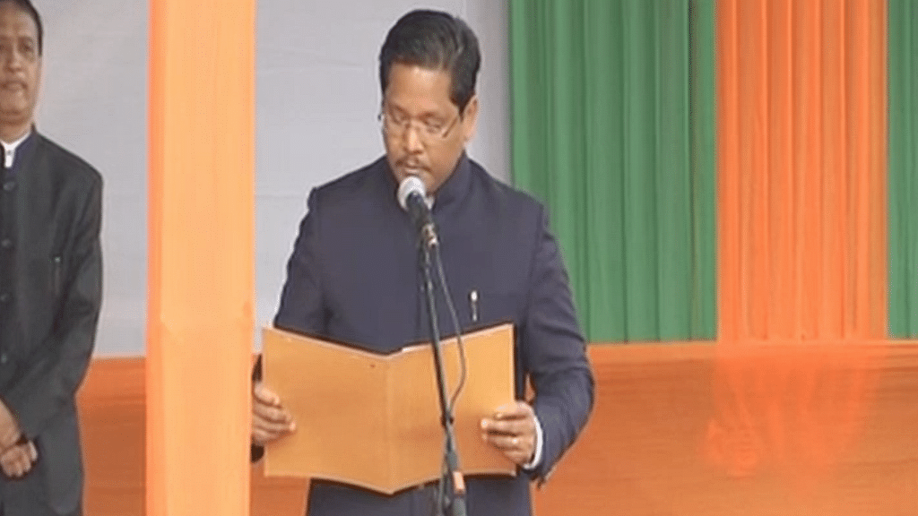 Conrad Sangma being sworn in as Chief Minister of Meghalaya.&nbsp;