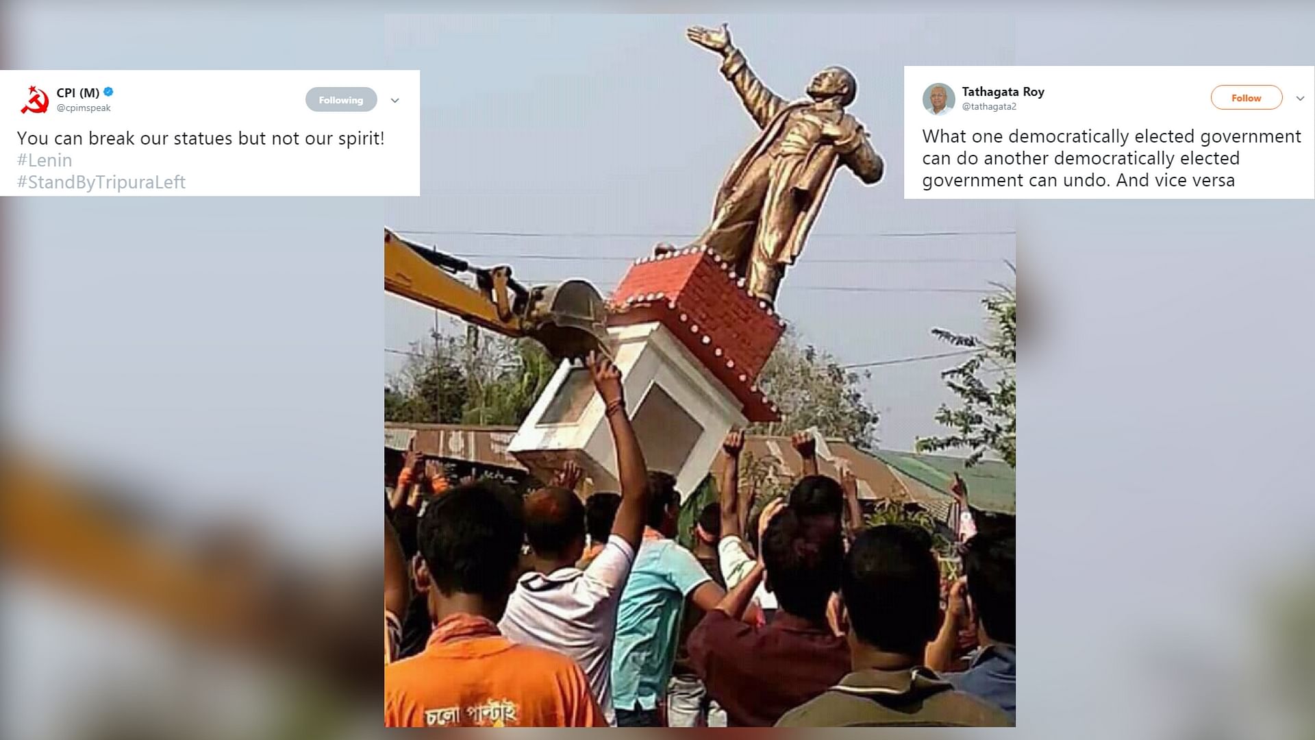 Statue of Lenin being taken down in Tripura’s Belonia, two days after the BJP’s victory in the state.