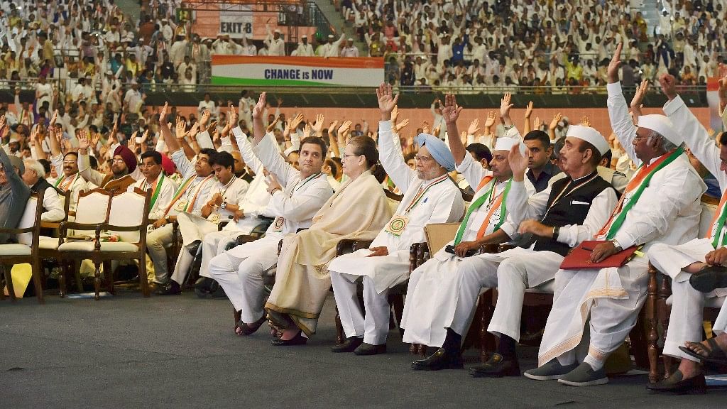 UPA chairperson Sonia Gandhi, Rahul Gandhi, former Prime Minister Manmohan Singh and other Congress leaders at the 84th Plenary Session of the Congress in New Delhi on Saturday, 17 March.