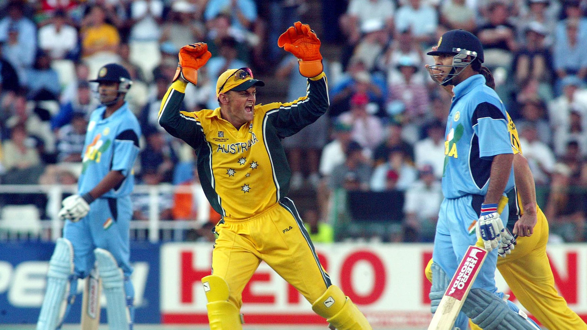 Australia’s Adam Gilchrist celebrates in front of India’s Yuvraj Singh after his dismissal during the 2008 ICC World Cup final.