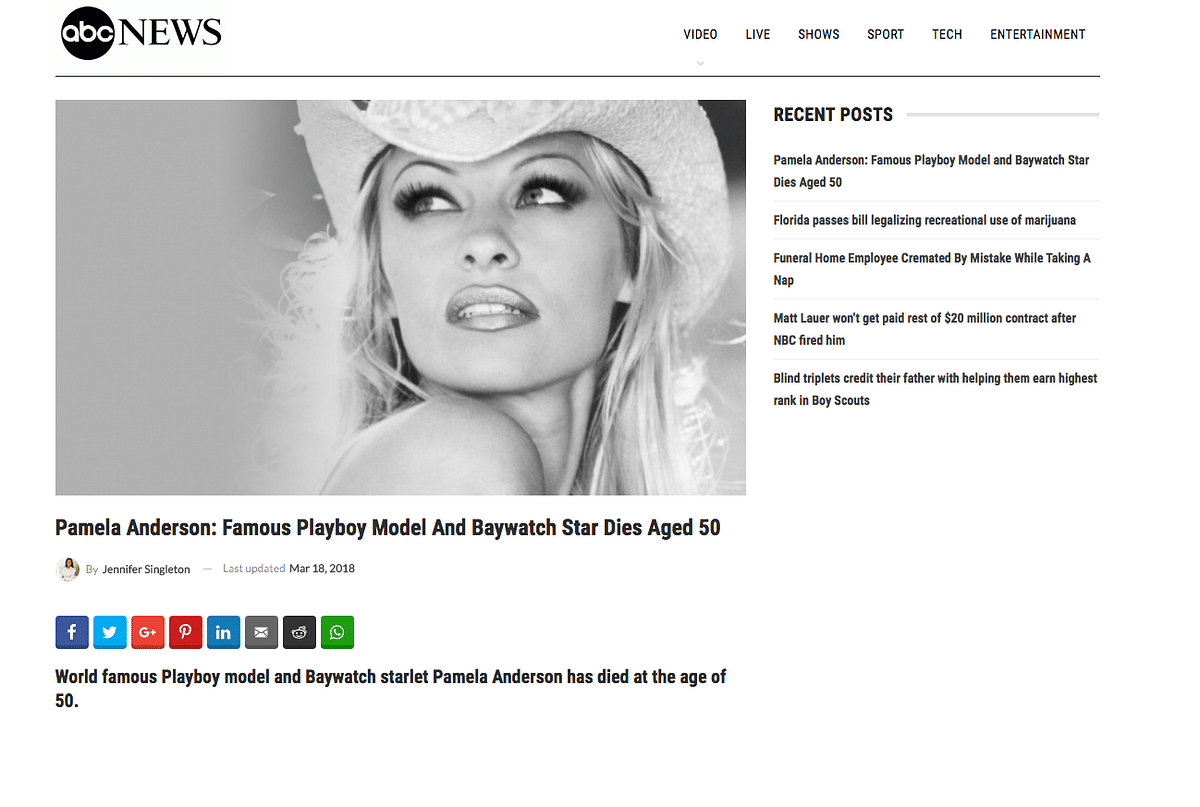 Celebrity Death Hoax Alert: Pamela Anderson is alive and kicking.