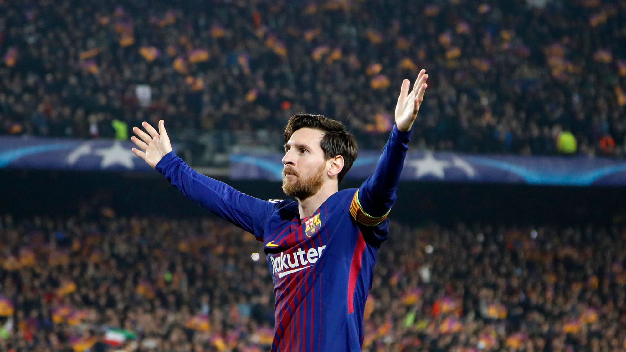 Barcelona’s Lionel Messi celebrates after scoring his side’s third goal during the Champions League round of sixteen second leg soccer match between FC Barcelona and Chelsea at the Camp Nou stadium in Barcelona, Spain