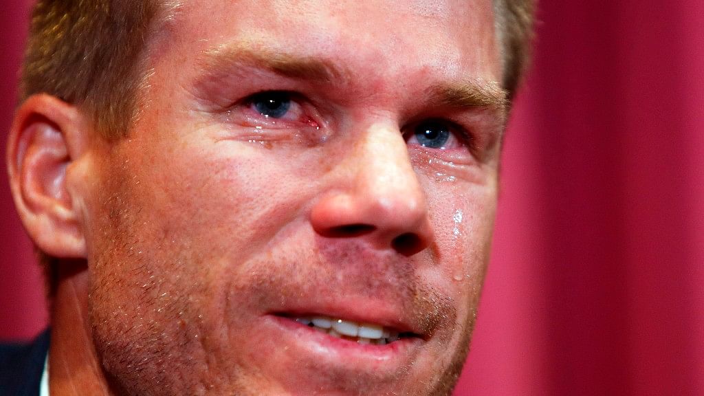 Former Australian cricket vice-captain David Warner breaks down while talking to the media in Sydney on Saturday.