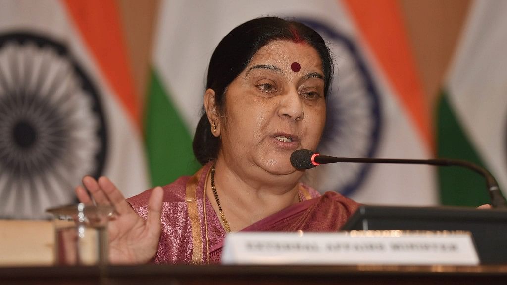 Sushma Swaraj addressing a press conference.&nbsp;
