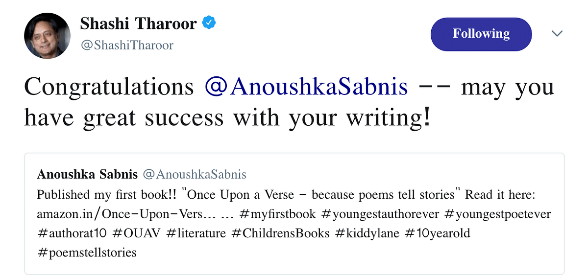 Anoushka Sabnis turned a New Year Resolution into a book with 52 poems and got retweeted by Shashi Tharoor.