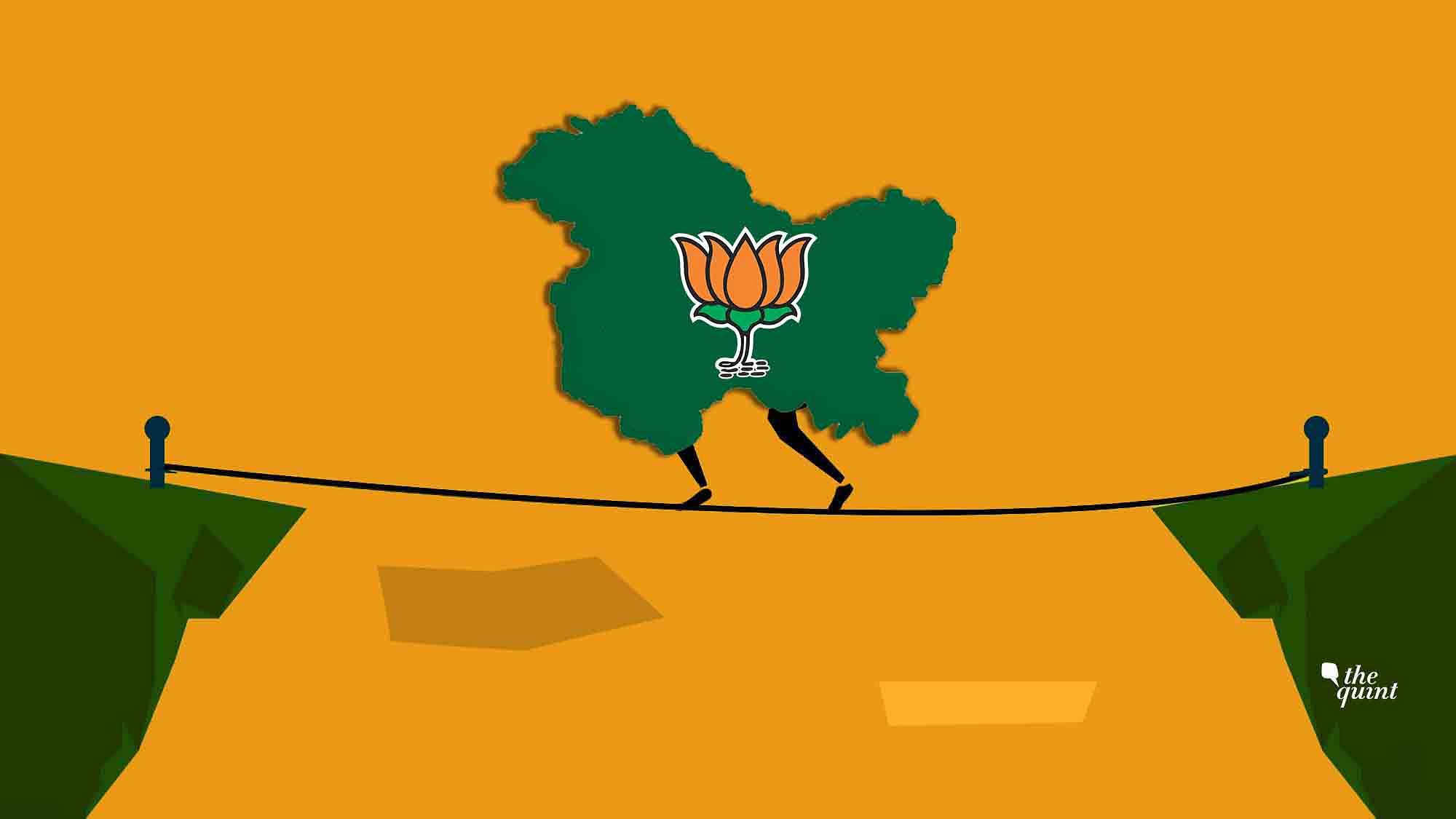 BJP is doing a tightrope walk in J&amp;K. Image of J&amp;K map and BJP party symbol used for representational purposes.