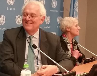Jose Antonio Ocampo, Chair of the United Nations Committee for Development Policy (CDP), left, and Diane Elson, a committee member, at a news conference on Thursday, March 15, 2018, at the UN announcing the decision to recommend Bhutan