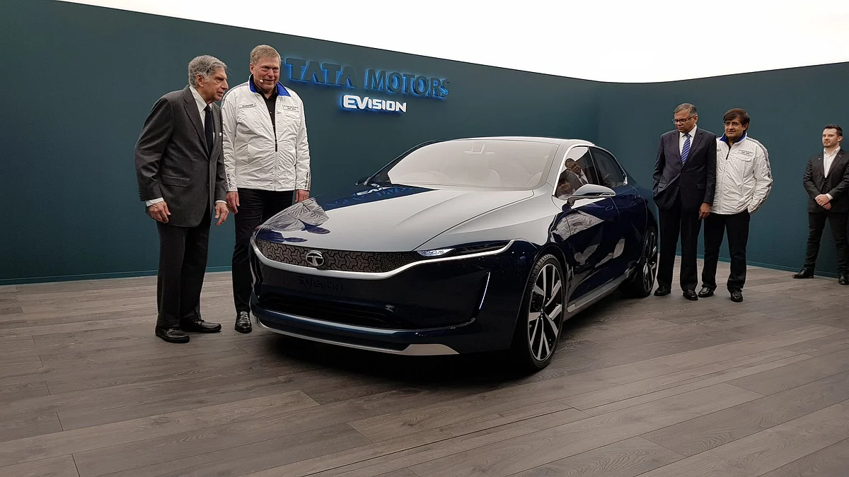 Ratan Tata at the unveiling of the E-Vision electric sedan. 