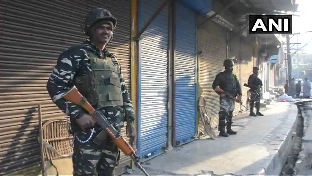 Military stationed at Anantnag’s Hakura, where three terrorists were killed in a brief encounter with security forces on Monday, 12 March. 