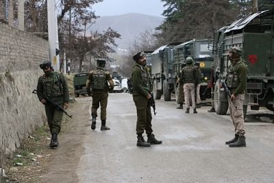 Srinagar: Security beefed up after a BJP leader was attacked by militants in Khonmoh area, on the outskirts of Srinagar on March 15, 2018. The attack triggered a gunfight between militants and security forces. (Photo: IANS)