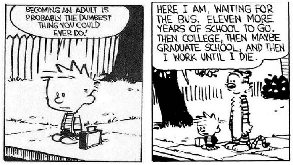 A comic strip of Calvin and Hobbes which defines adulthood.