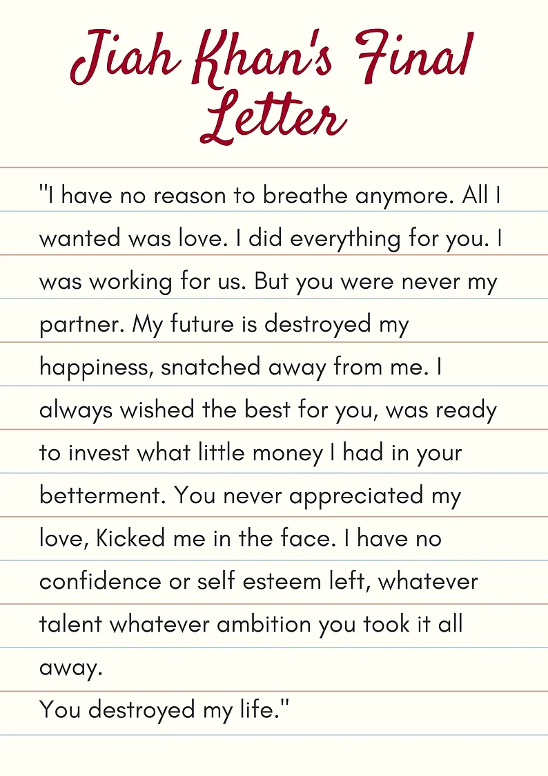 An excerpt from Jiah Khan’s final letter found four days after she passed away. 