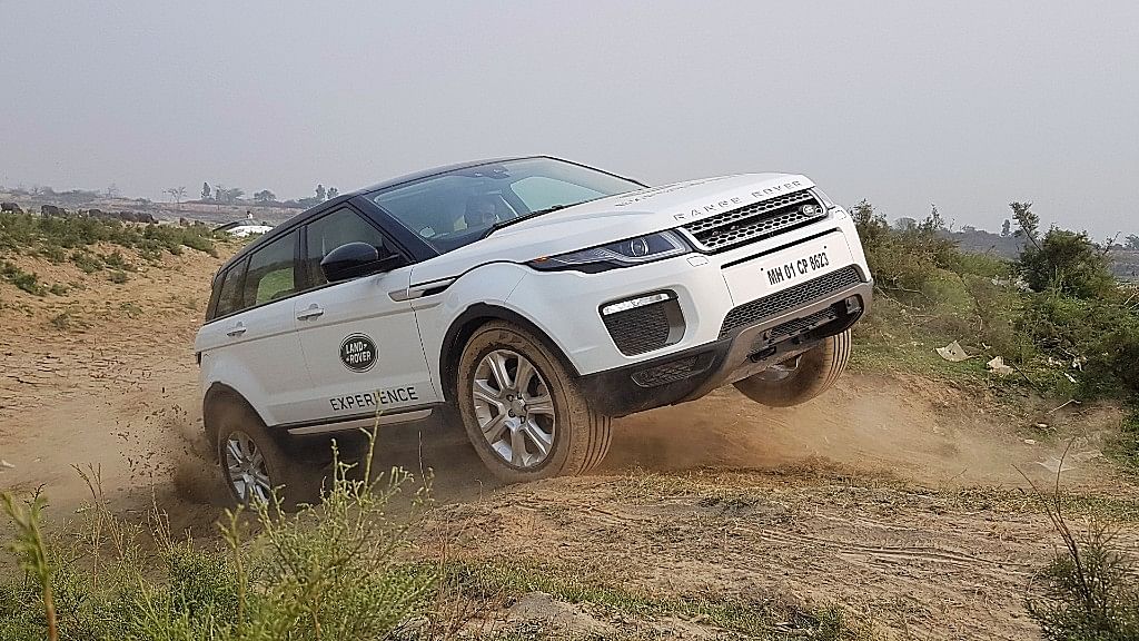 A Range Rover Evoque gets some air at the Land Rover Experience program in Noida.&nbsp;