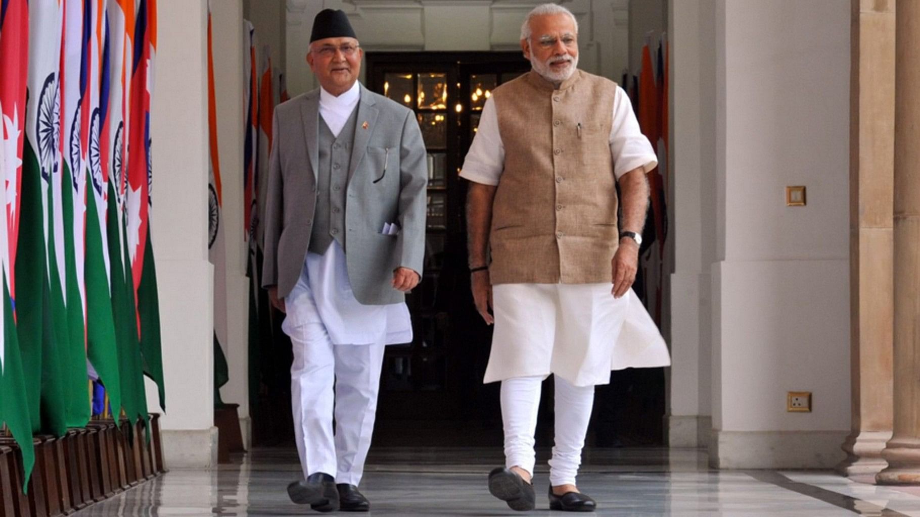 Nepal Prime Minister KP Sharma Oli (left) and Indian Prime Minister Narendra Modi during the former’s visit to India.&nbsp;