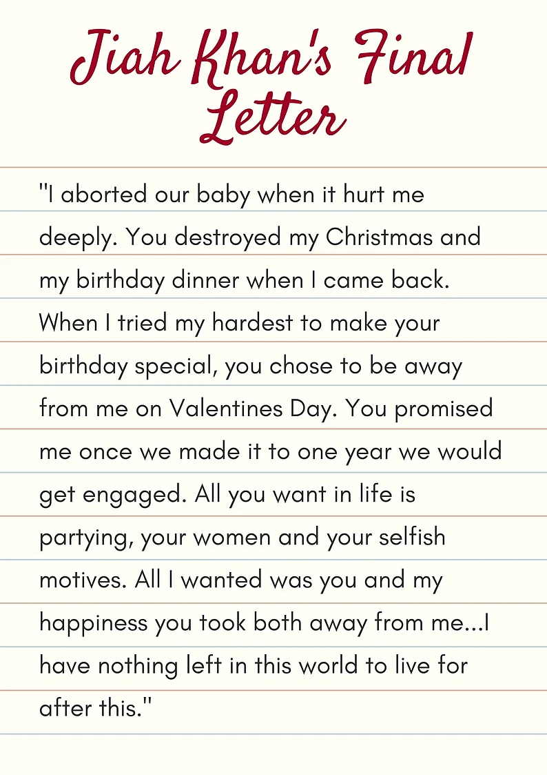 An excerpt from Jiah Khan’s final letter found four days after she passed away. 