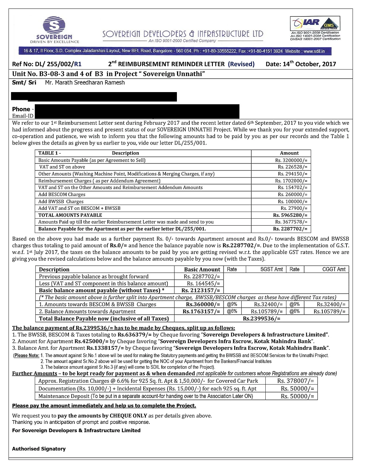 SDIL builders latest letter asking Ramesh to pay Rs 23 lakh