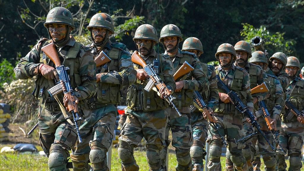 Indian army personnel carry out drills at Kibithu close to the Line of Actual Control (LAC) in Anjaw district of Arunachal Pradesh on Wednesday.&nbsp;