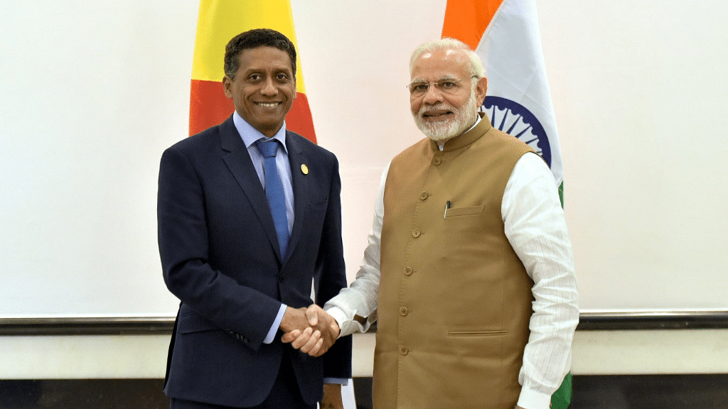 Prime Minister Narendra Modi with President of Seychelles Danny Faure on the sidelines of the International Solar Alliance Summit in New Delhi.