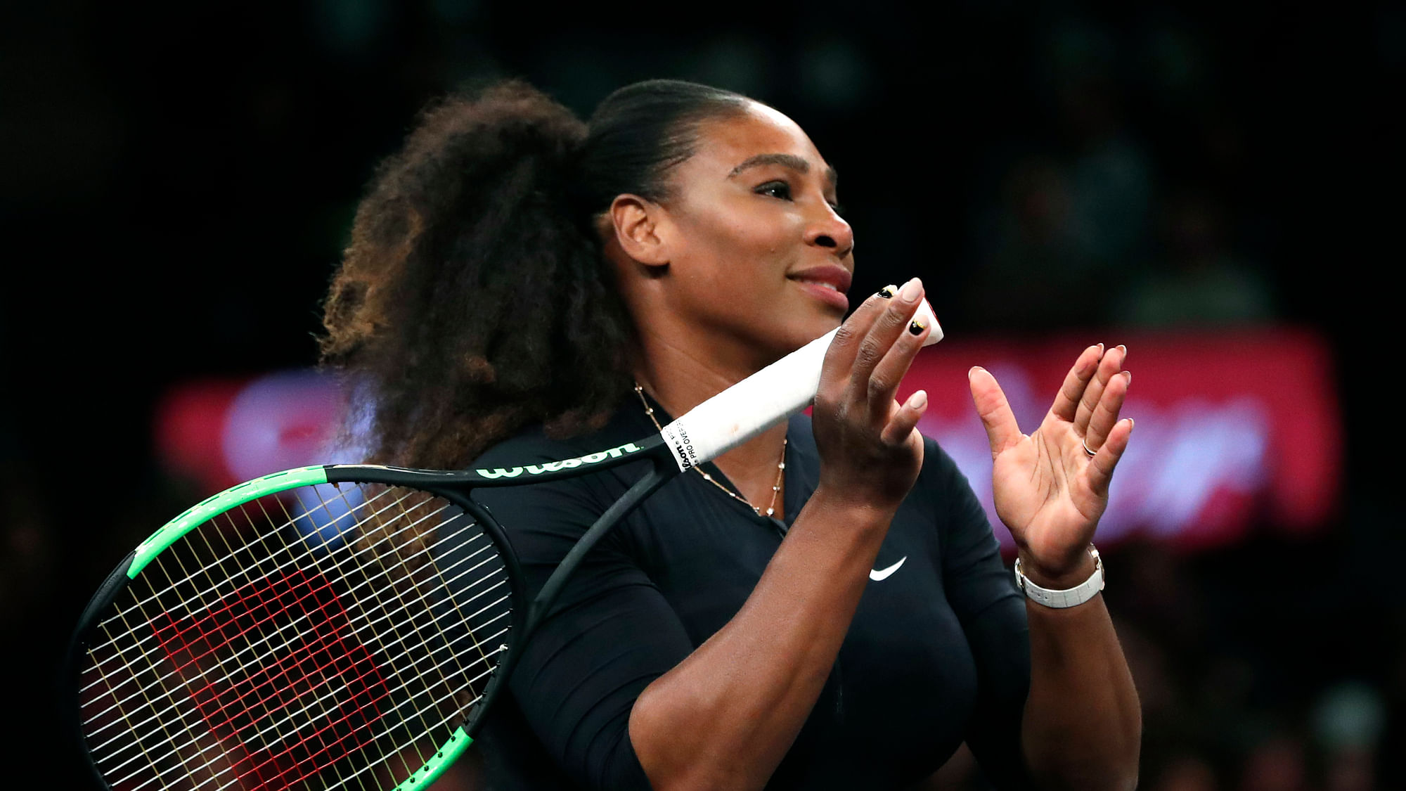 Serena Williams, of the United States, applauds her opponent Marion Bartoli during the first round of the Tie Break Tens tennis tournament at Madison Square Garden, Monday, March 5, 2018, in New York.&nbsp;